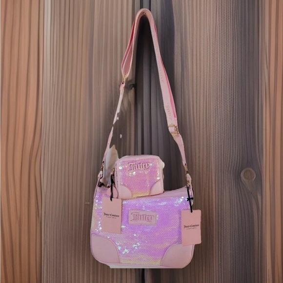 JUICY COUTURE Crossbody/Shoulder bag + Card Holder Wallet Set- Pink Sequin - NWT
